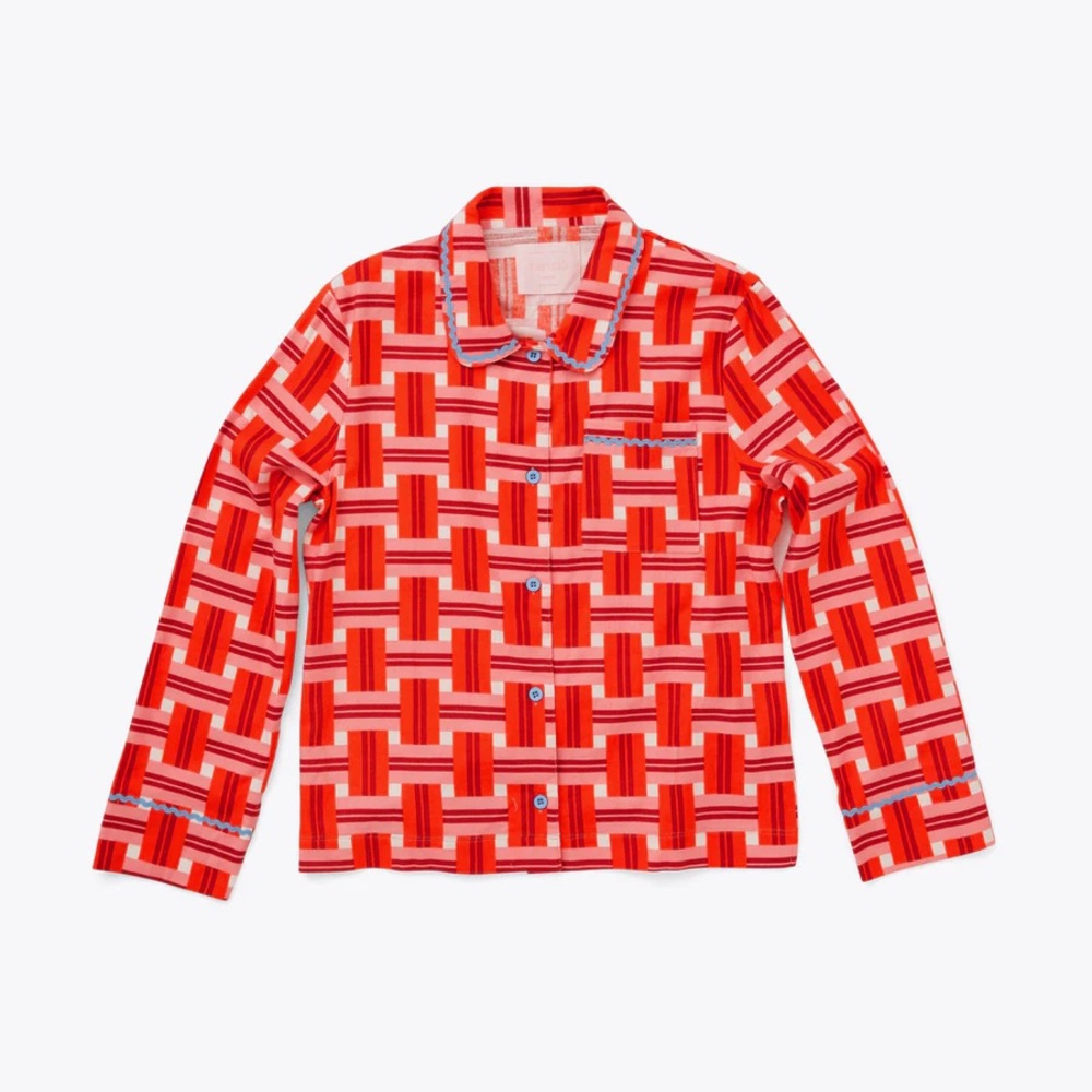 Bando Retro Mid Century Modern Basket Plaid Long Sleeve Pajama Leisure Top Small